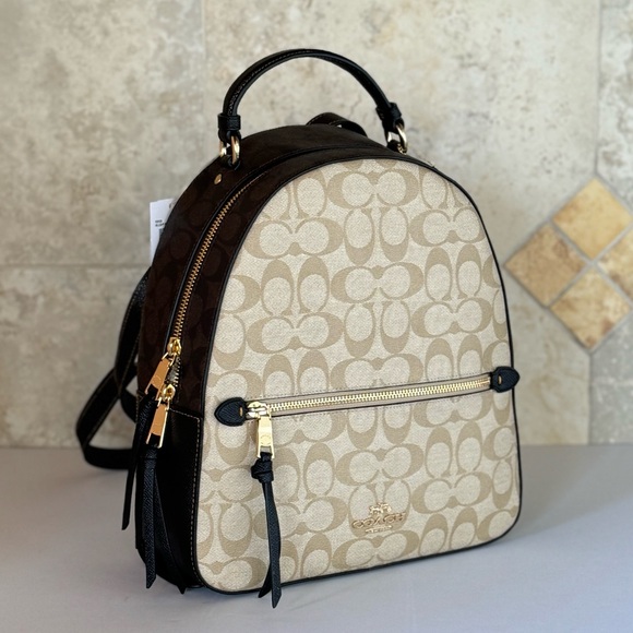 Coach Jordyn Medium Signature Backpack Light Khaki/Brown Multi - Picture 4 of 13